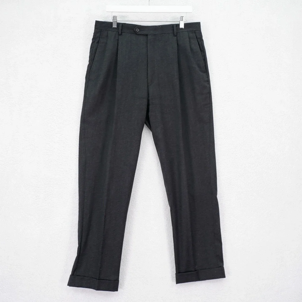 DAMAGED Hart Schaffner Marx Twill Flannel Wool Dark Gray Dress Pants 34 /‎ 31